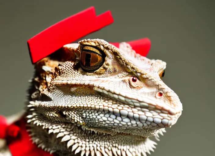 Image similar to dslr portrait still of a bearded dragon wearing a top hat and a red bowtie, 8 k 8 5 mm f 1. 4