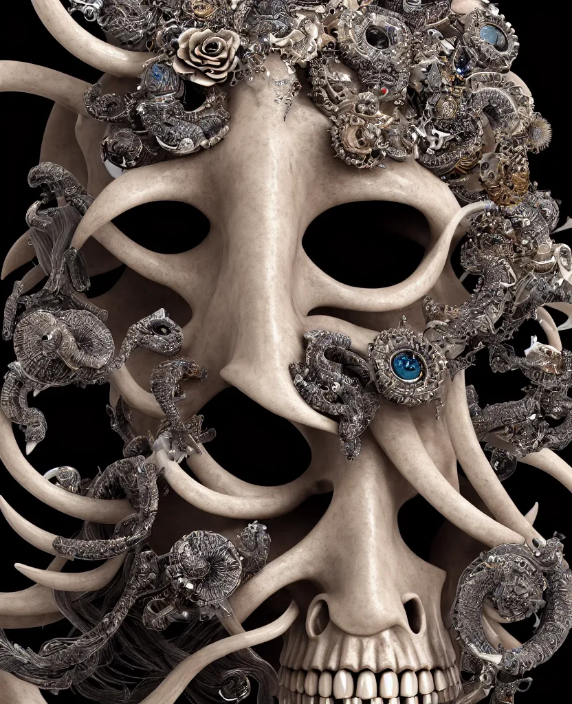 Image similar to goddess princess face close-up portrait ram skull. sculpture made of black stone with elements made of polished gold. jellyfish phoenix head, nautilus, orchid, skull, betta fish, bioluminiscent creatures, intricate artwork by Tooth Wu and wlop and beeple. octane render, trending on artstation, greg rutkowski very coherent symmetrical artwork. cinematic, hyper realism, high detail, octane render, 8k