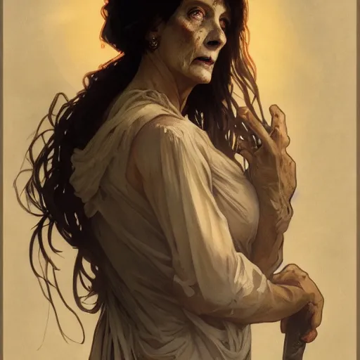 Image similar to A portrait of zombie Nancy Patricia Pelosi by greg rutkowski and alphonse mucha,In style of digital art illustration.Dark Fantasy.darksouls.hyper detailed,smooth, sharp focus,trending on artstation,4k