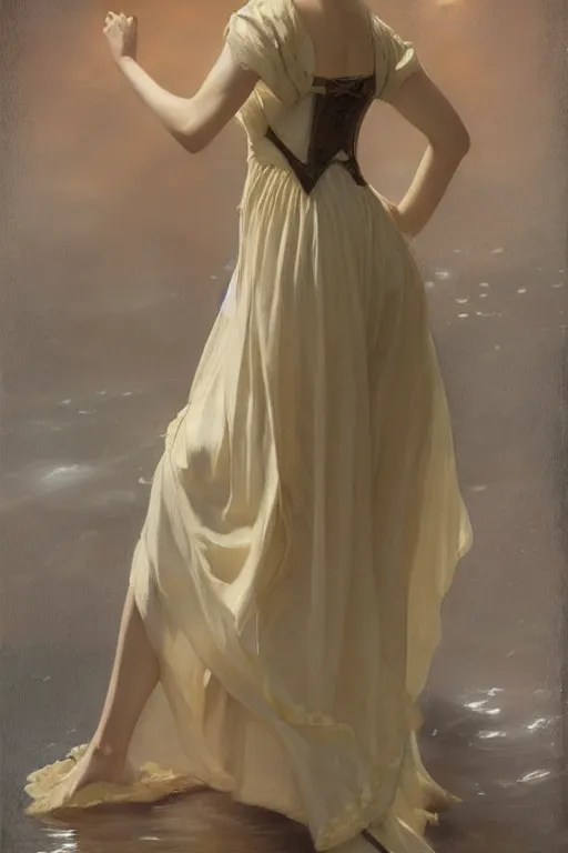 Image similar to a beautiful annie leonhart wearing a dress emerging from the water, oil on canvas, sensuality, artstation, by j. c. leyendecker and edmund blair leighton and charlie bowater