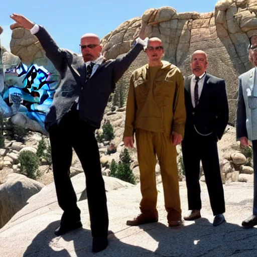 Prompt: Walter White, Jesse Pinkman, Mike Ehrmantraut and Saul Goodman on Mount Rushmore