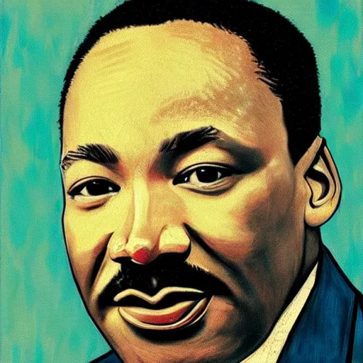 Image similar to an artistic portrait of martin luther king, smiling, high quality, studio photography, colorful, hero, heroic, beautiful, in the style of vincent van gogh