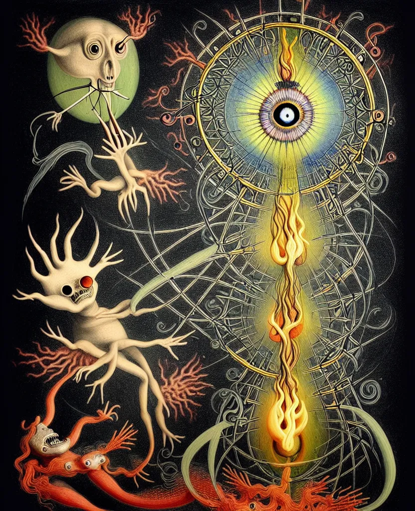 Image similar to whimsical freaky creature sings a unique canto about'as above so below'being ignited by the spirit of haeckel and robert fludd, breakthrough is iminent, glory be to the magic within, painted by ronny khalil