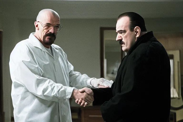 Prompt: walter white shaking hands with tony soprano at the badabing, film still, dramatic lighting, epic,