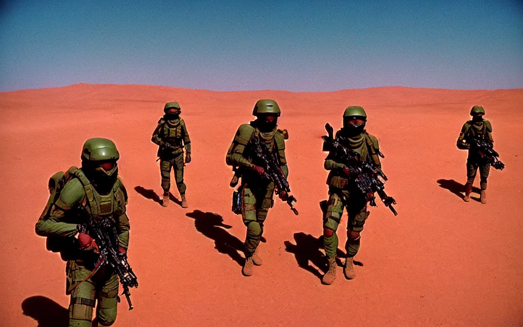 Image similar to in a dusty red desert, a team of five swat future soldiers in dark green tactical gear like death stranding and halo hike. They 're afraid. mid day, heat shimmering, color, 35mm film photography, lawrence of arabia