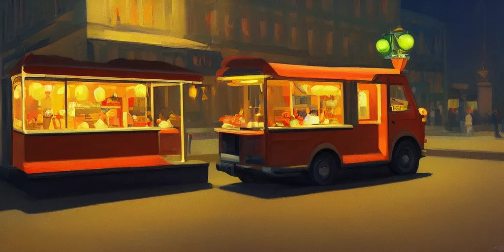 Prompt: a storybook illustration of a lone foodtruck glowing from inside, quiet dark night scene like Edward Hopper masterpiece, intricate, elegant, fantasy, highly detailed, digital painting, concept art, sharp focus, artstation