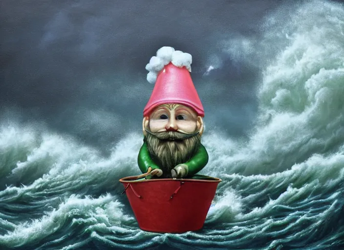 Image similar to a terrified garden gnome sailing in a bucket, background of raging ocean with huge waves on a stormy day with dramatic thunderhead clouds, an ultrafine detailed painting by mark ryden, trending on deviantart, pop surrealism, whimsical, lowbrow, rainy, perfect symmetrical face