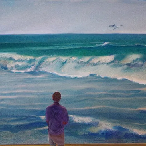Image similar to a man named Luke harrington who lives on Ocracoke island staring at the ocean, photorealistic