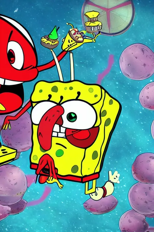 Image similar to sci - fi spongebob fight mr crabs for a burger, anime, 4 k