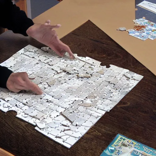 Prompt: Photograph of a book being constructed out of pieces like a giant puzzle