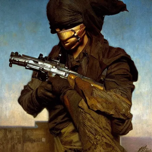 Prompt: half portrait of squirell with a gun! jeremy mann, jean leon gerome, alphonse mucha, greg rutkowski, hood covers his eyes, ( ( ruins of ancient rome ) ), at dusk, mysterious atmosphere, sunrays, dof, masterpiece, high detailed, 8 k