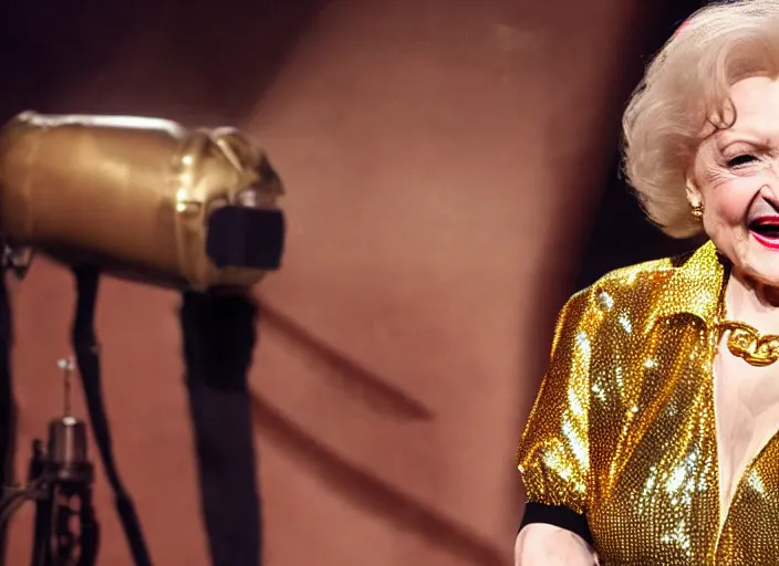 Image similar to publicity photo still of betty white as a gangsta rapper covered in gold chains, with grills in teeth and wearing a jumpsuit live on stage, 8 k, live concert lighting, mid shot