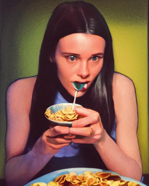 Image similar to 2 0 years old courtney cox eating cereal in her boyfriend's shirt, redshift, colour shift, wide shot, coloured polaroid photograph, pastel, kodak film, hyper real, stunning moody cinematography, by maripol, fallen angels by wong kar - wai, style of suspiria and neon demon, david hockney, detailed, oil on canvas