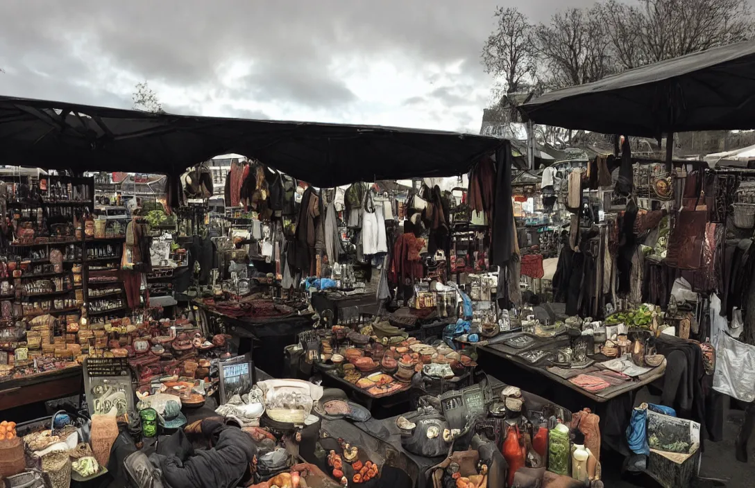 Image similar to market stall in Mordor with a very dark atmospheric sky. A hideous faced orc is selling arcane wares and animal body parts