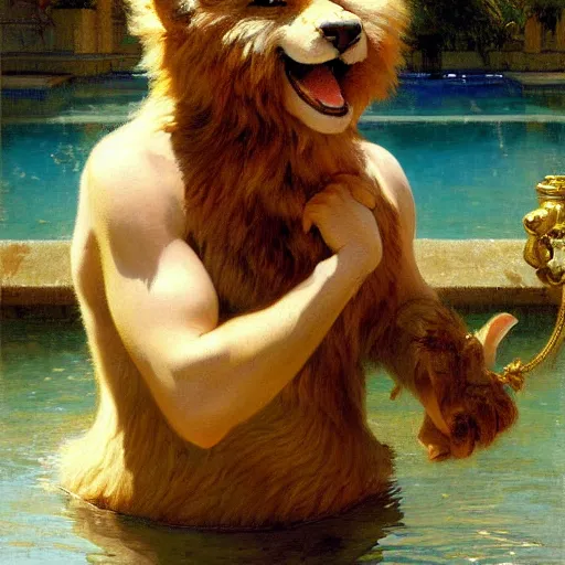 Prompt: a portrait of an very furry human with an animal's head in the pool, furry body, furry arms, furry legs, furry tail. highly detailed painting by gaston bussiere, craig mullins, j. c. leyendecker, furry