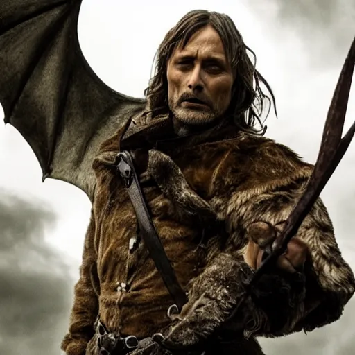 Image similar to Mads Mikkelsen slaying a dragon, heroic, medium shot