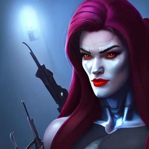 Image similar to a screenshot of arnold schwarzenegger as widowmaker in overwatch, portrait, fantasy, beautiful face, vivid colors, elegant, concept art, sharp focus, digital art, hyper - realistic, 4 k, unreal engine, highly detailed, hd, dramatic lighting by brom, trending on artstation