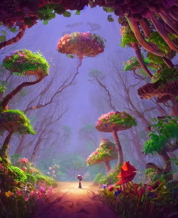 Image similar to a simple, whimsical school made from flowers, overgrown with huge exotic fungus, deep in the woods, cheerful, dramatic lighting, partly cloudy, by dan mumford, yusuke murata, makoto shinkai, ross tran, dreamy, cinematic, unreal engine, cel shaded, featured on artstation, pixiv