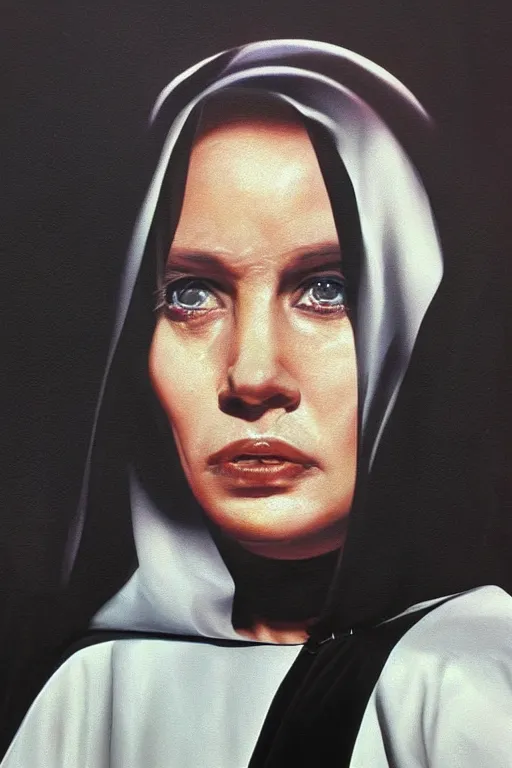 Prompt: hyperrealism oil painting mixed with 8 0 s sci - fi art, complete darkness background, close - up face portrait from above, nun fashion model, lost her faith