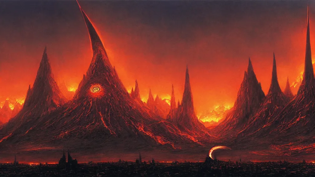 Image similar to mordor, flaming eye of sauron above the tower of barad - dur, by alan lee, intricate, lord of the rings calendar, smooth, detailed terrain, oil painting, trending artstation, concept art, fantasy matte painting