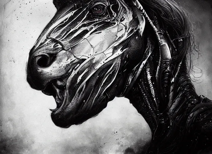 Image similar to a dream portrait of a man - horse aberration, black & white, melting, webbing, 8 k, by tristan eaton, stanley artgerm, tom bagshaw, greg rutkowski, carne griffiths, ayami kojima, beksinski, giger, trending on deviantart, face enhance, hyper detailed, minimalist, horror, alien