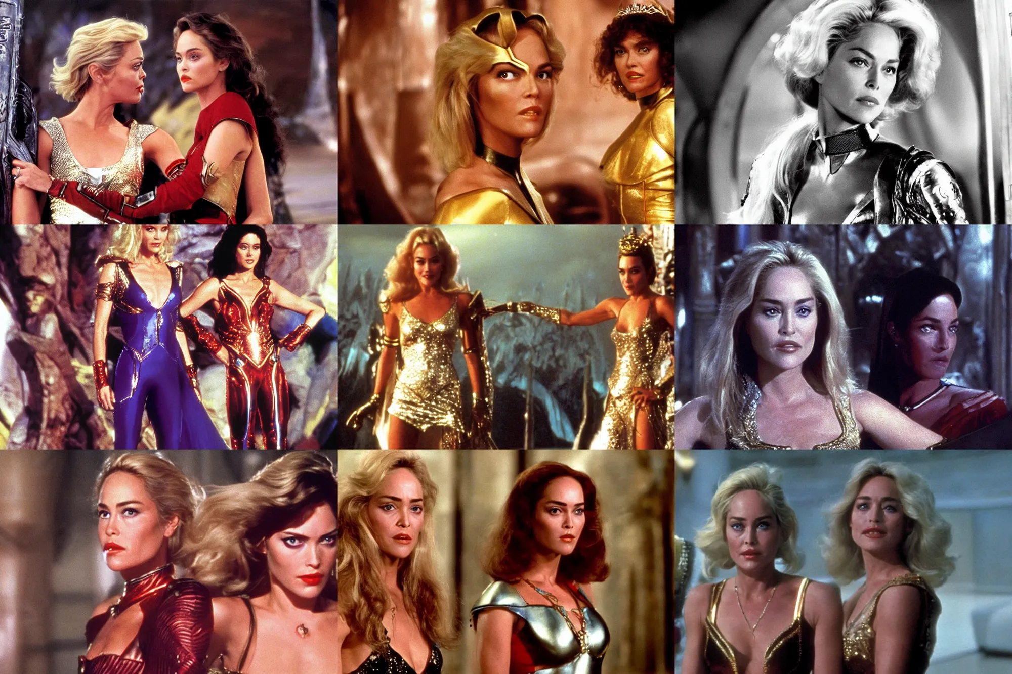 Prompt: Sharon Stone combined with Caroline Munroe as Princess Aura Mings Daughter in Flash Gordon 1980, film still