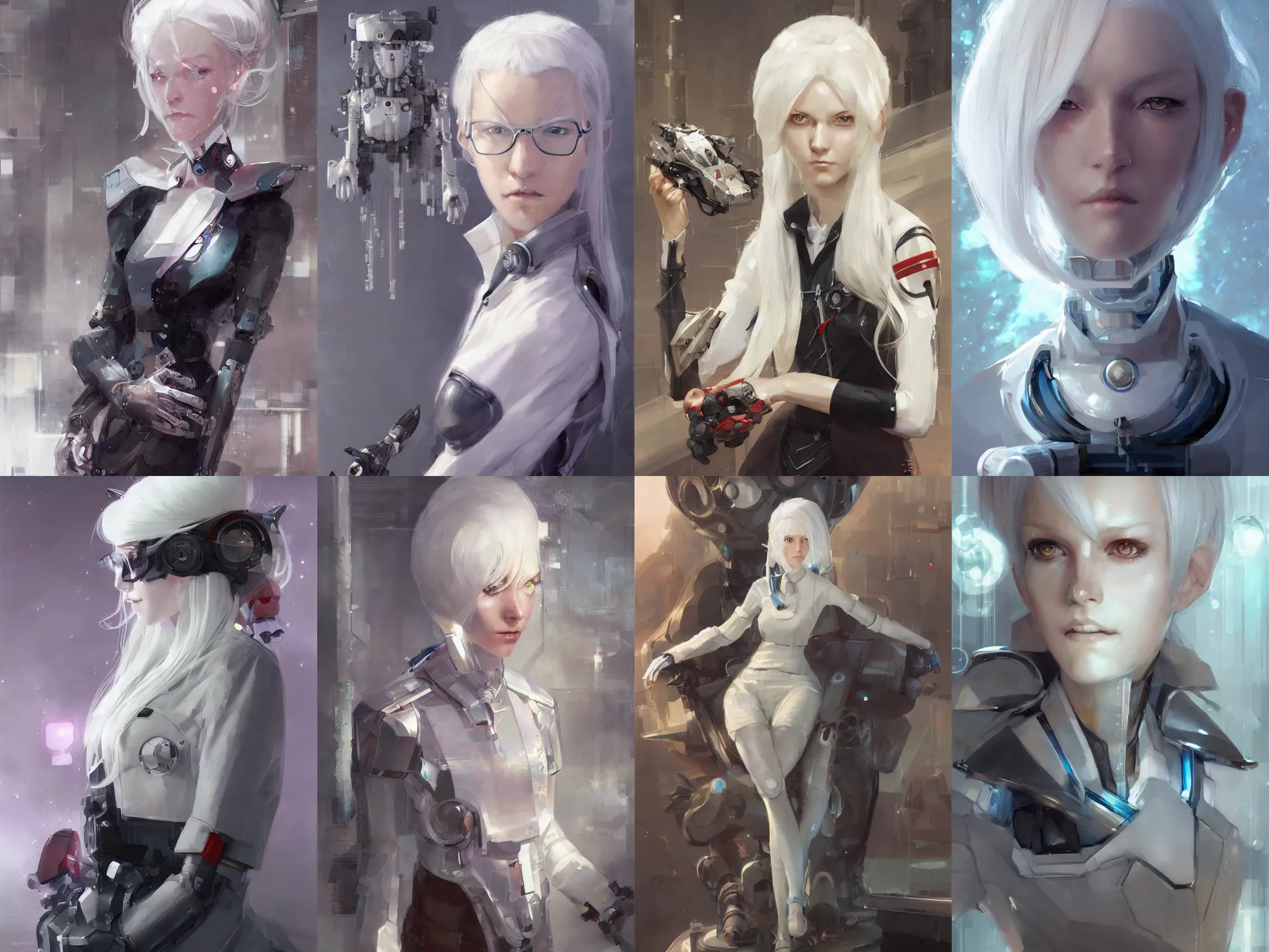 Prompt: a portrait of a white haired robot scientist girl by krenz cushart and stephan martiniere