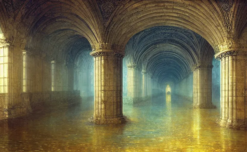 Image similar to tiled room squared waterway, aqueducts, fantasy. intricate. by artstation trending, by joseph mallord william turner, luis royo, konstantin razumov, cinematic lighting, fractal flame, highly detailed