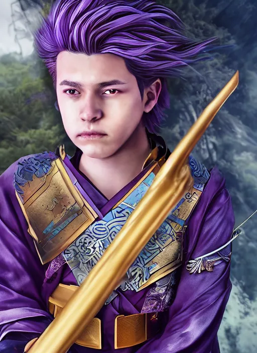 Image similar to An epic fantasy comic book style portrait painting of teenager boy with straight indigo hair, purple eyes with red eye markers, slim body, wearing a detailed Japanese kimono with golden armor pieces, holding a japanese fan. Unreal 5, DAZ, hyperrealistic, octane render, cosplay, RPG portrait, dynamic lighting