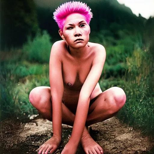 Image similar to a beautiful woman with pink hair and fair skin, portrait photograph, nikon 3 5 mm, photograph by annie leibovitz and steve mccurry,