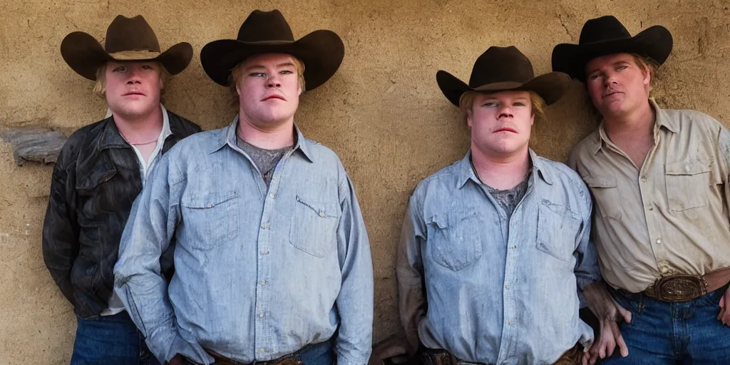 Prompt: portrait of Phillip Seymour Hoffman and two cowboys at an old west bank-n 4