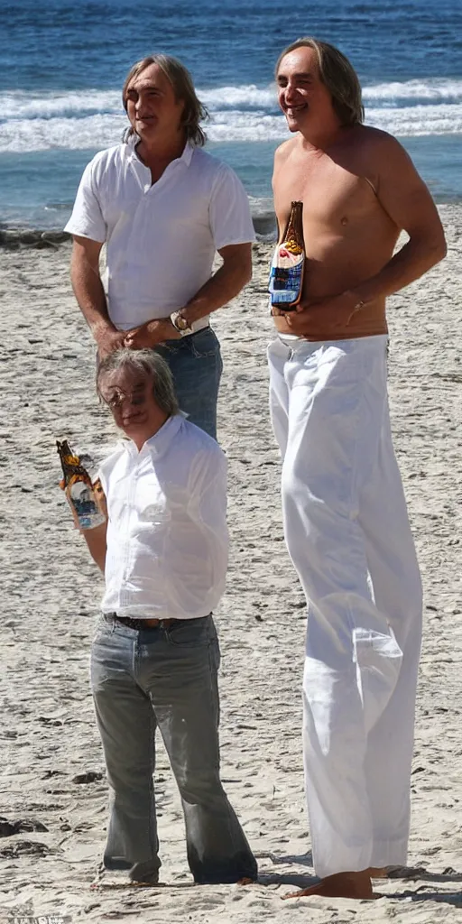Prompt: Braco the gazer wearing a white shirt is on the beach with a different man who looks like john belushi, they are both not wearing sunglasses, smiling, holding beer bottles
