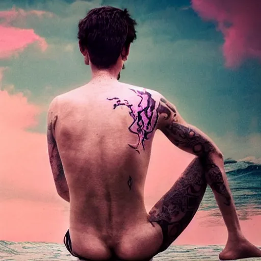 Image similar to Surrealism, a beautiful young man, piercing, dragon tattoo on the body, meditating over the surface of the pink ocean