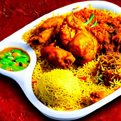 Image similar to A South Indian college student is eating chicken biryani in an Andhra mess, highly detailed, photorealistic, 4k