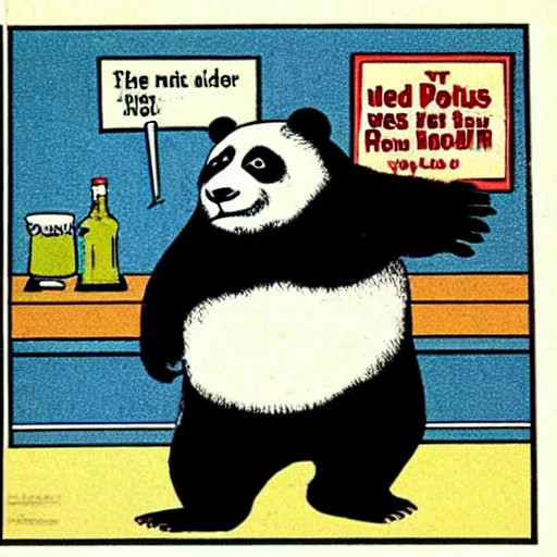 Image similar to a humorous full - color comic illustration from a 1 9 7 0 s issue of mad magazine in which an anthropomorphic panda walks into a bar and then eats, shoots, and leaves.