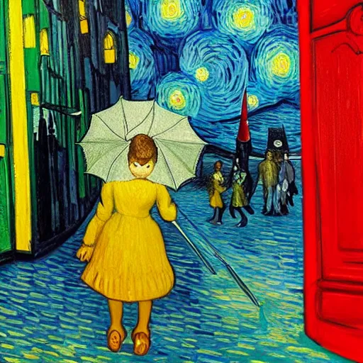 Image similar to girl with an umbrella girl with an umbrella. a walk inside a van gogh painting is a starry night. inside the painting. see everything from the inside. clearly detailed. dramatic.