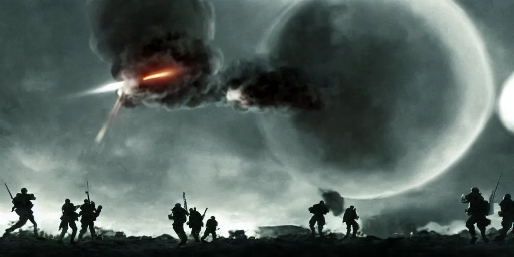 Image similar to A still from a movie of WWII soldiers retreating from an alien orbital bombardment by Roger Deakins. highly detailed, cinematic lighting, 4k