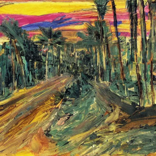 Prompt: the road goes into the sunset, the road is flanked by palm trees, Painting by Frank Auerbach