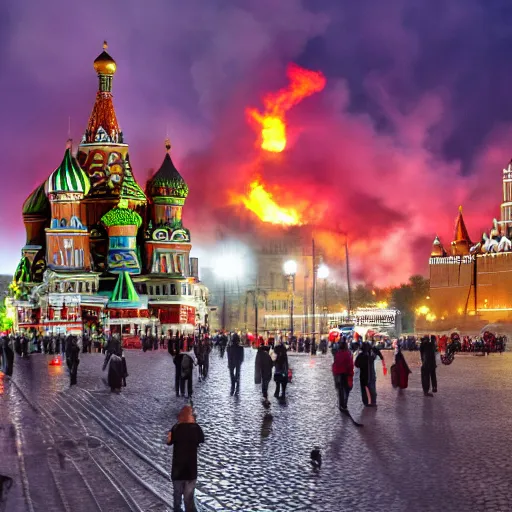 Image similar to high quality image of fire on Red Square in Moscow, highly detailed, 8k, professional photo