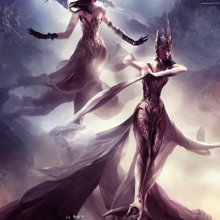 Image similar to beautiful cinematic fantasy poster, character concept of a beautiful fashion model wearing haute couture in dynamic pose, wideshot ultrawide angle epic scale, hybrid, by artgerm; wayne reynolds art station; cinematic quality character render; low angle; ultra high quality model; production quality cinema model;