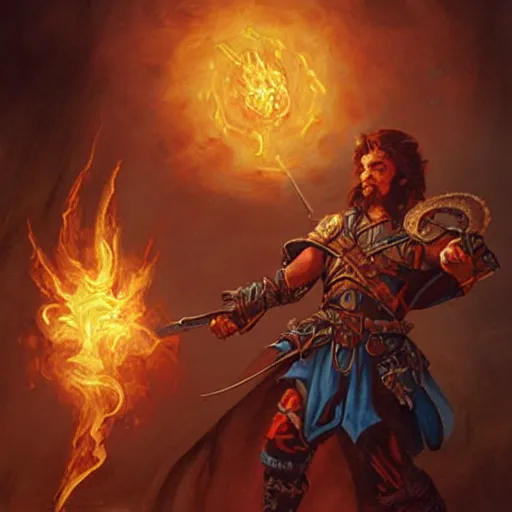 Image similar to beautiful painting of a very short and small male halfing bard from pathfinder, casting fireball, painted by larry elmore, wayne reynolds, greg rutkowski, magic the gathering, dungeons and dragons,