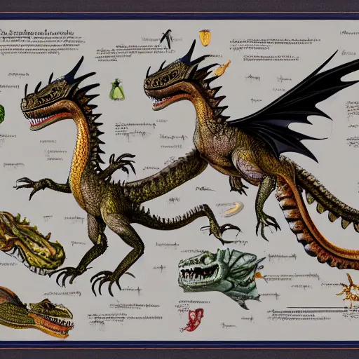 Image similar to an illustrated field guide to european dragons showing examples of males and females of each spicies, biological illustrations, art by john james audubon robert stebbins and terryl whitlatch and david sibley and charles darwin, highly detailed, intricately detailed, 8 k, trending on artstation