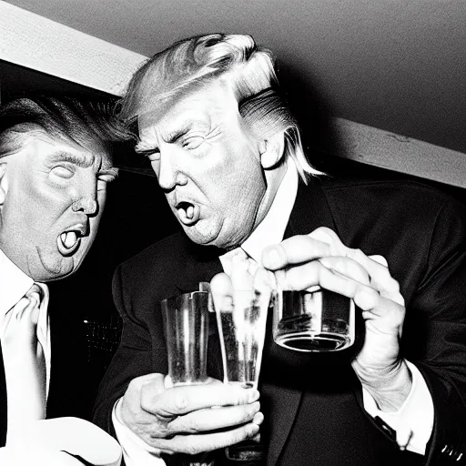 Image similar to donald trump and elvis drinking shots, hyper realistic, photography