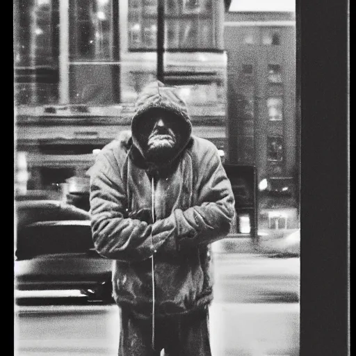 Image similar to portrait of a homeless man in New York city, matte paint, sharpen, raining