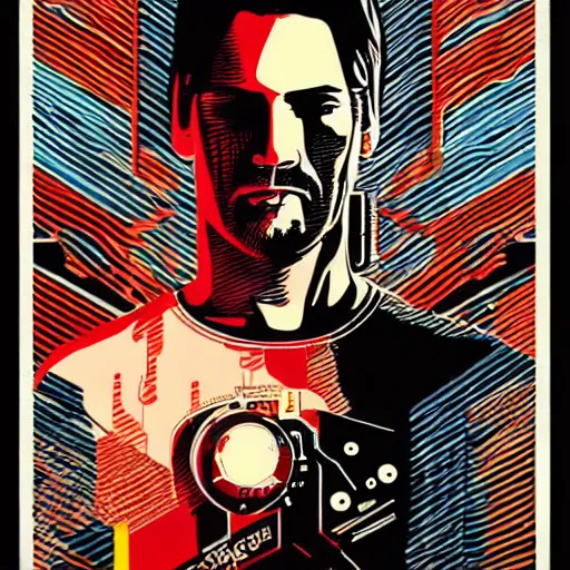 Image similar to Illustrated by Shepard Fairey and H.R. Geiger | Cyberpunk Keanu Reevse with VR helmet, surrounded by cables