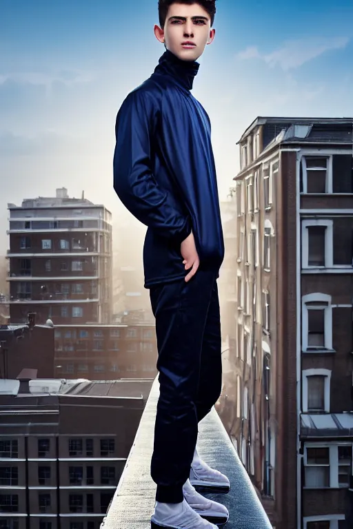 Image similar to un ultra high definition studio quality photographic art portrait of a young man standing on the rooftop of a british apartment building wearing soft padded silver pearlescent clothing. three point light. extremely detailed. golden ratio, ray tracing, volumetric light, shallow depth of field. set dressed.