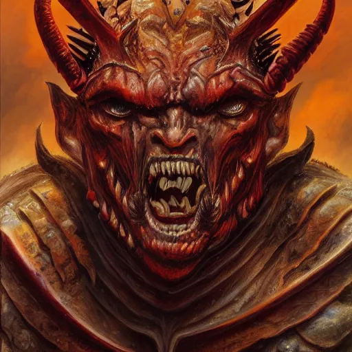 Prompt: a portrait of a demon warrior by boris vallejo and guillermo del toro, highly detailed, sharp, 8 k, deep colors, oil painting, sharp focus, warrior armor and weapons, pixel artwork, amazing artwork, depth, goblin war lord