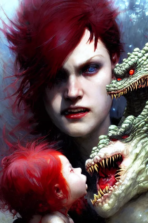 Image similar to beautiful vampire with red hair eating a baby shin - godzilla, extreme close up detailed face portrait dnd, painting by gaston bussiere, craig mullins, greg rutkowski, yoji shinkawa