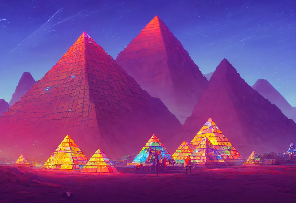 Prompt: a small futuristic pyramid with neons at dawn with rock piles in the background, intricate oil painting, high detail illustration, sharp high detail, manga and anime 1 9 9 9, official fanart behance hd artstation by jesper ejsing and makoto shinkai, 4 k,