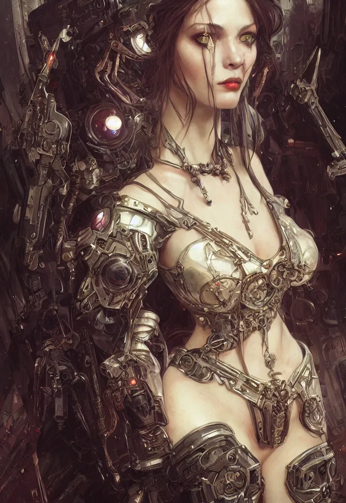 Image similar to portrait of beautiful pale gothic maiden, warhammer 40000, cyberpunk, intricate, elegant, highly detailed, digital painting, artstation, concept art, smooth, sharp focus, illustration, art by artgerm and greg rutkowski and alphonse mucha and Gustav Klimt